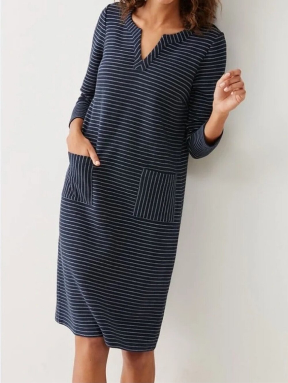 J. Jill Cotton 3/4 Sleeve Shift Navy and White Striped Casual Dress